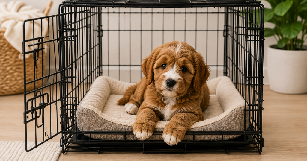Puppy resting inside a wire crate with a soft bed