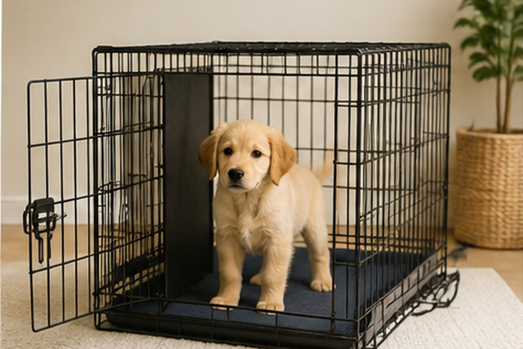 Puppy inside a wire crate with a divider panel