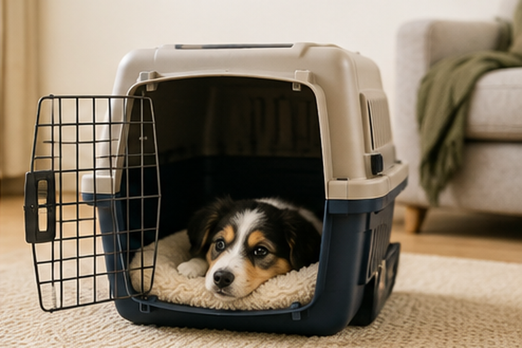 Puppy settled calmly inside a plastic den-style travel crate
