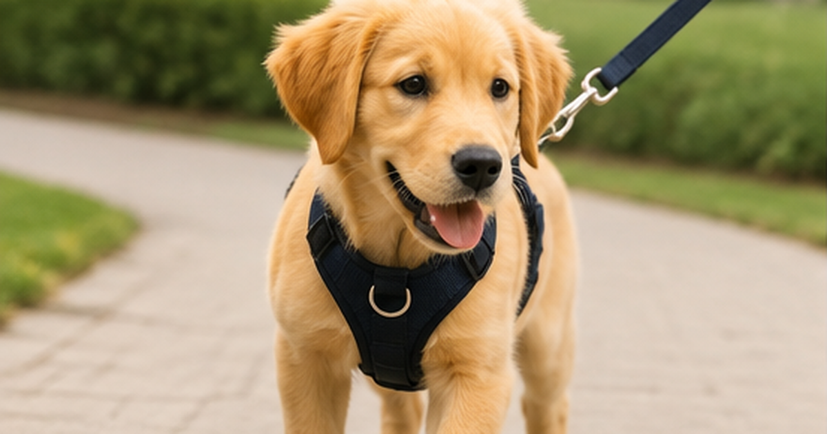 Puppy wearing a properly fitted harness on a walk