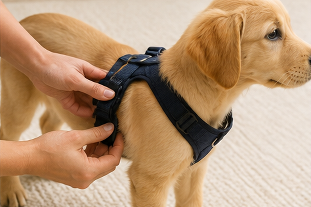 Puppy being fitted into a step-in harness