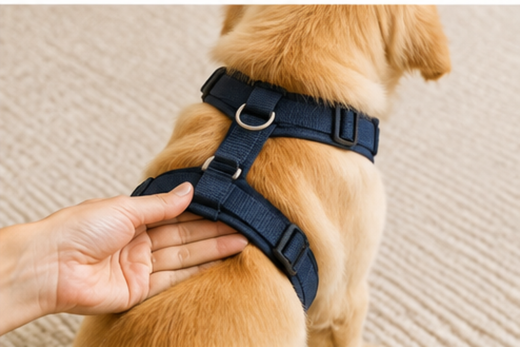 Checking harness fit with the two-finger rule on a puppy