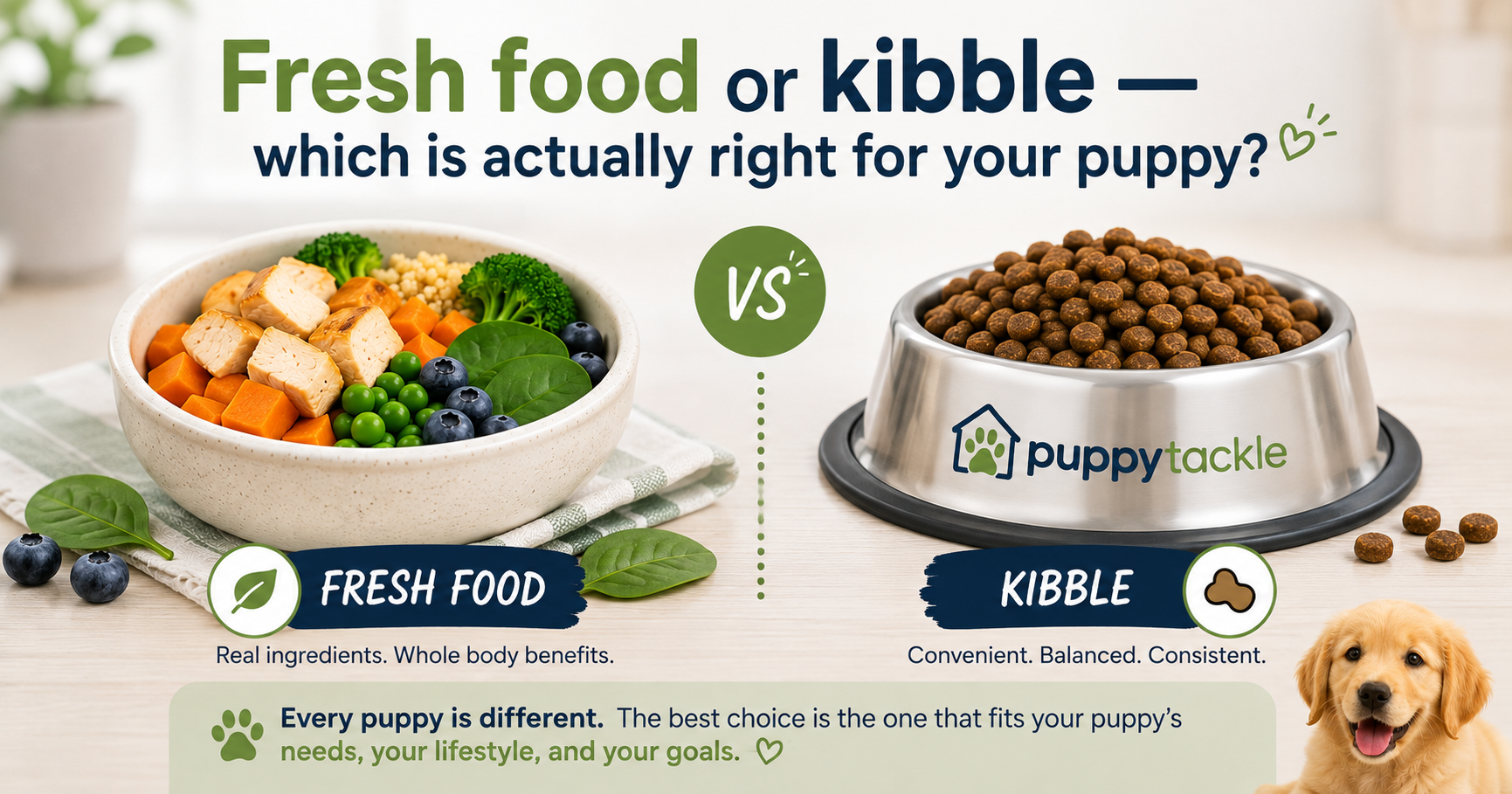 Bowl of kibble next to a portion of fresh dog food