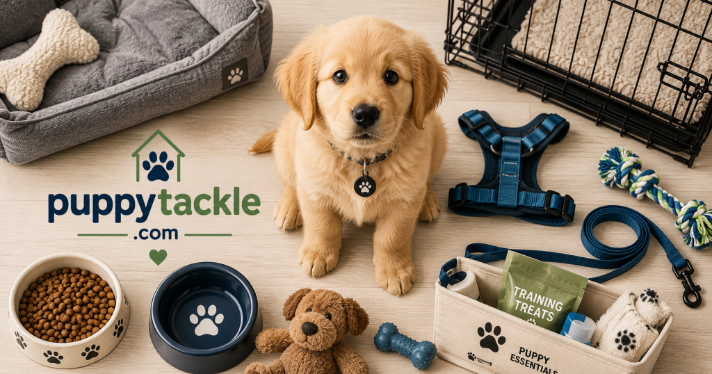 Puppy starter kit flat lay with crate, harness, bowls, and toys