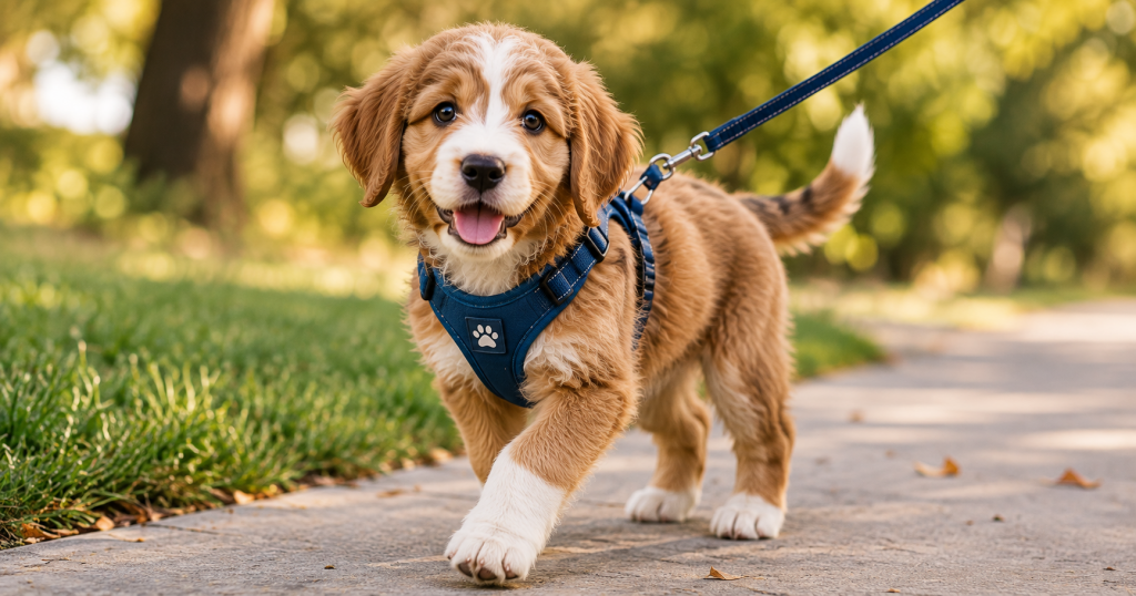 Puppy wearing an adjustable harness on a walk"