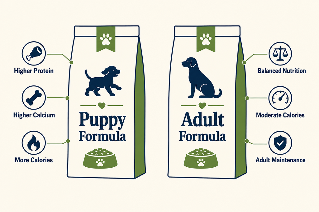 Comparing puppy formula and adult formula dog food labels
