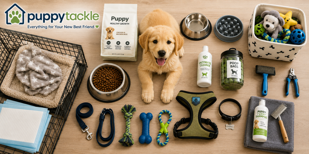 Complete new puppy checklist flat lay with gear, food, and supplies