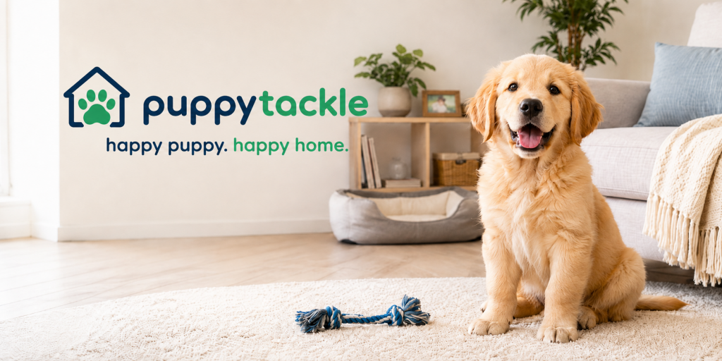 Happy puppy at home, welcome image for Puppy Tackle"