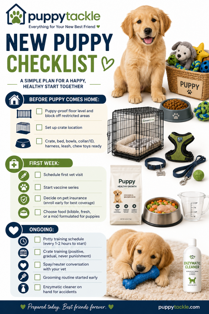 Complete new puppy checklist — gear, feeding, vet visit, insurance, and training