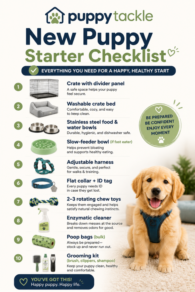 Puppy starter kit checklist — crate, bowls, harness, toys, grooming supplies