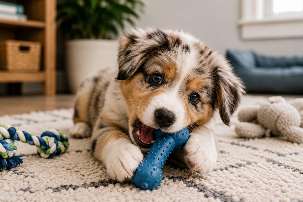 Puppy chewing on a puppy-safe teething toy