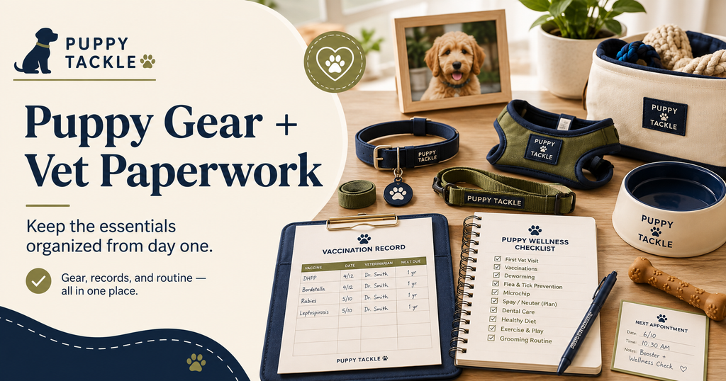 Puppy gear and vet paperwork laid out on a table