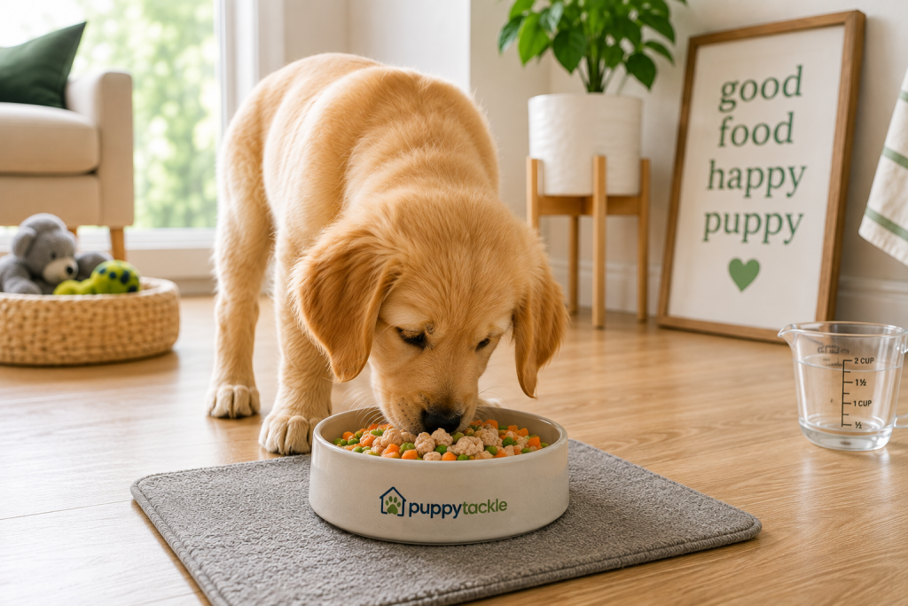 Puppy eating from a food bowl