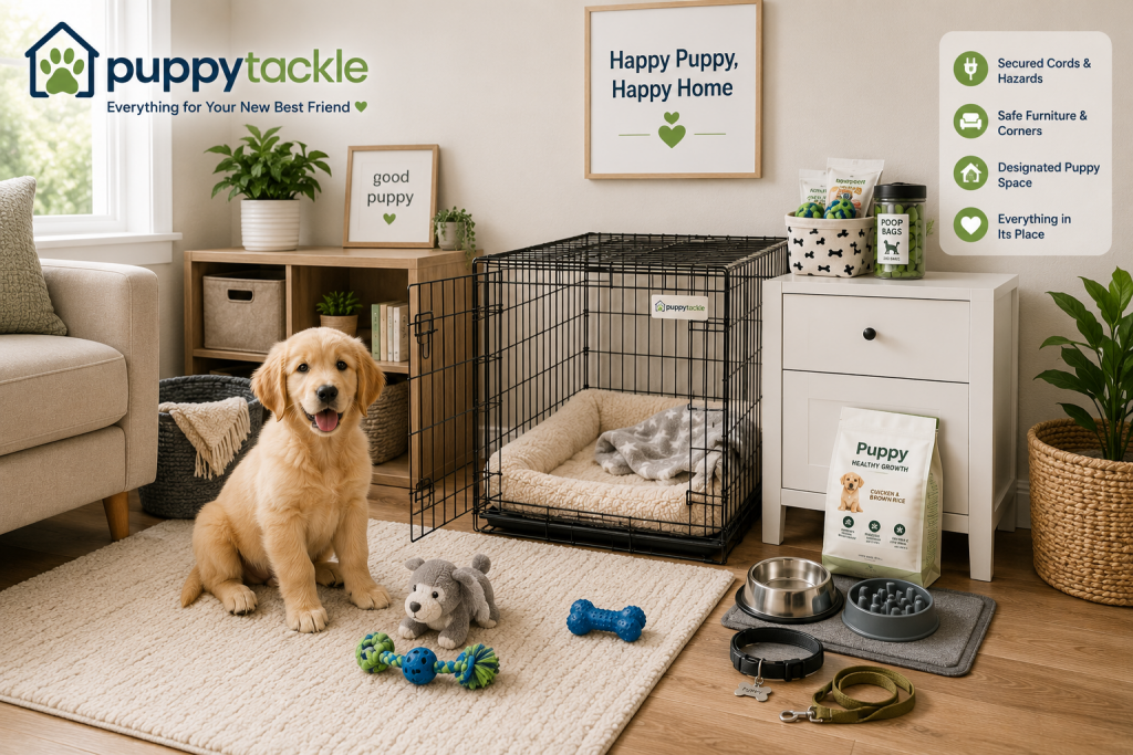 Puppy-proofed room with crate and starter gear set up