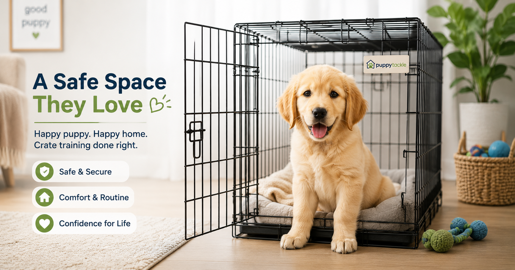 Puppy sitting at the open door of a training crate