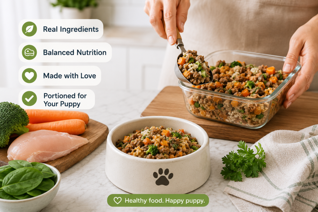 Fresh dog food meal being portioned into a bowl"