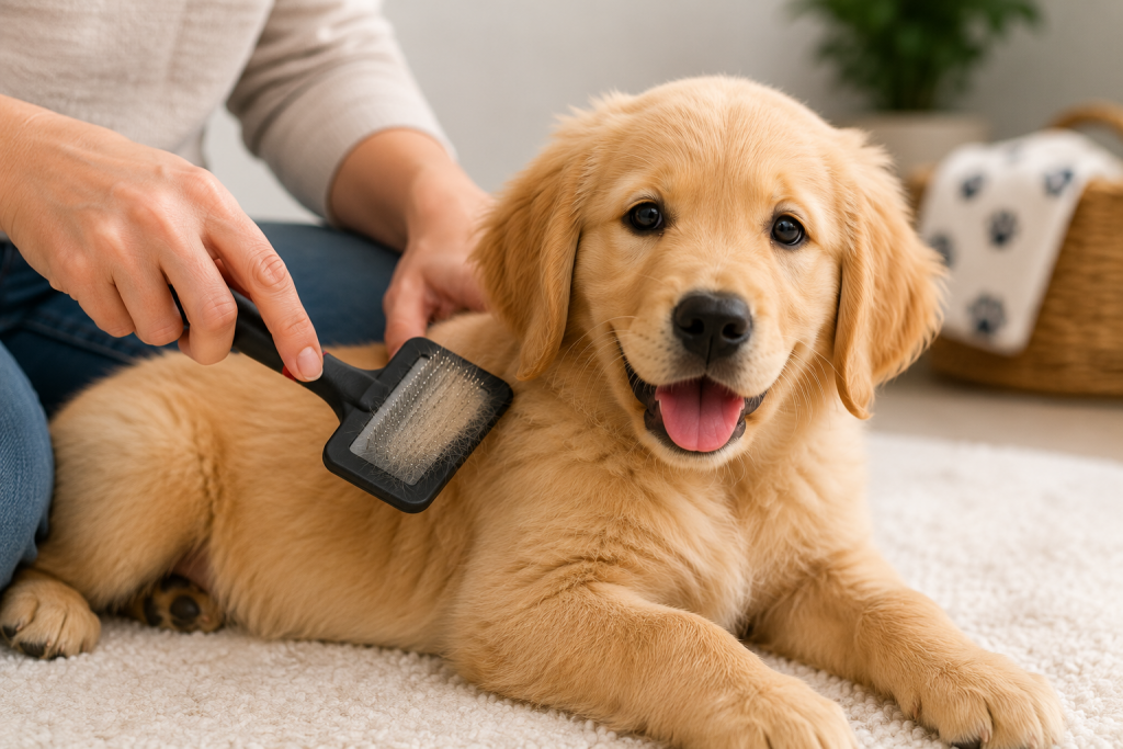 Puppy being groomed with a slicker brush