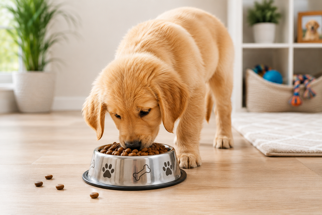 Puppy eating kibble from a bowl"