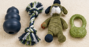 Collection of puppy teething toys in different textures